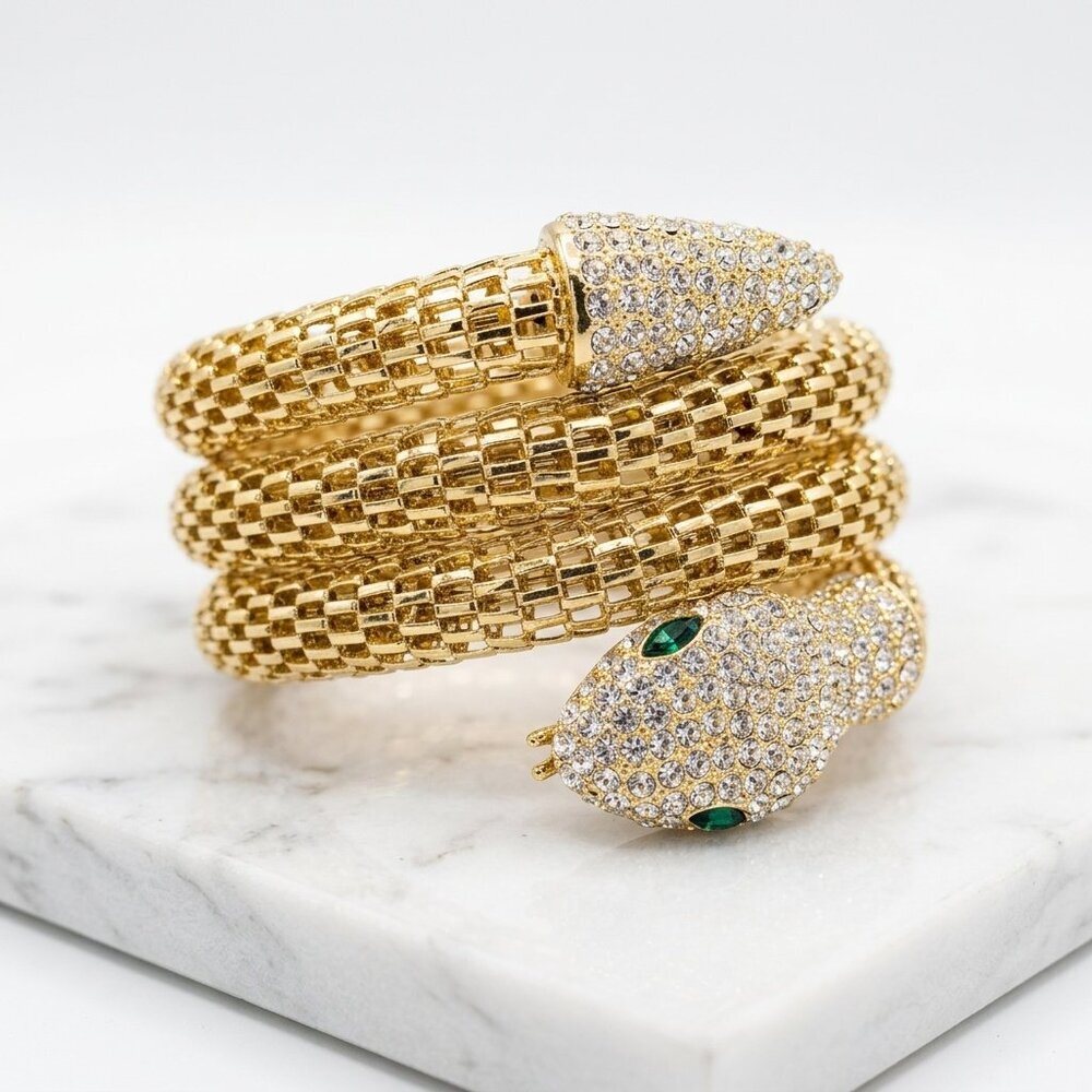Gold Snake Coil Wrap Bracelet - Pave Rhinestones & Green Eyes - Statement Piece